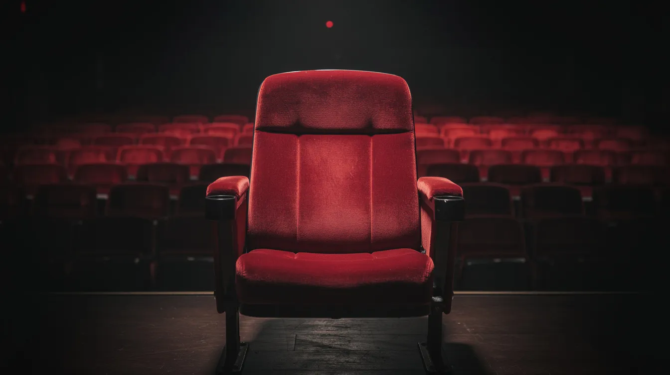 Das Bild zeigt einen leeren roten Theatersessel in einem großen, dunklen Saal, der auf die bevorstehende Berlinale hinweist. Die Atmosphäre ist still und geheimnisvoll, während der Sessel darauf wartet, von Künstlern und Filmschaffenden während der Abschlussgala eingenommen zu werden.