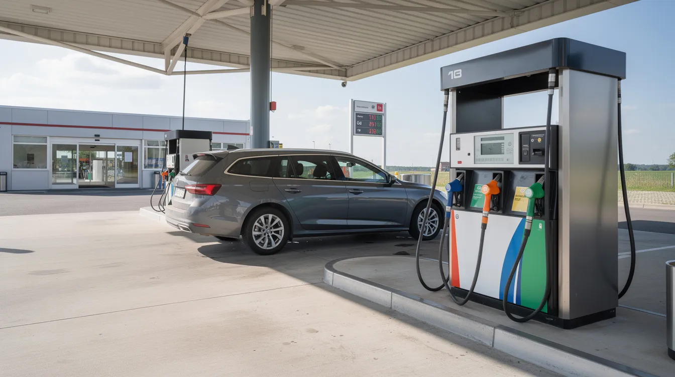 Ein Auto steht an einer Selbstbedienungs-Tankstelle bei Tageslicht, während der Fahrer mit einer Karte die Zahlung für den Kraftstoff vornimmt. Die Szene vermittelt ein Gefühl von Alltag und praktischer Finanzplanung, da das Tanken eine regelmäßige Ausgabe darstellt, die in der Kontrolle der Finanzen berücksichtigt werden muss.