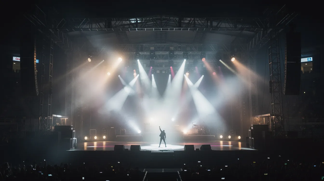 Die große Konzertbühne ist mit Scheinwerfern beleuchtet, während die Silhouette eines einzelnen Performers im Spotlight zu sehen ist. Diese Darstellung könnte an die eindrucksvollen Auftritte von Michael Jackson erinnern, dem King of Pop, dessen Karriere von Diskussionen über Missbrauchsvorwürfe und seine Kindheit geprägt war.