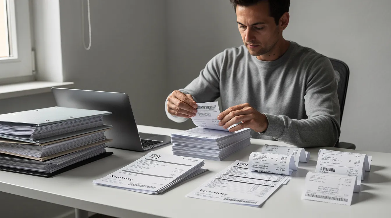 Eine Person sitzt an einem Schreibtisch und sortiert Dokumente sowie Bankbelege, während sie sich um ihre Kontodaten kümmert. Sie prüft sorgfältig ihre Kontoauszüge, um sicherzustellen, dass keine unbefugten Transaktionen, wie etwa durch einen fremden Zugriff auf ihre IBAN, stattgefunden haben.