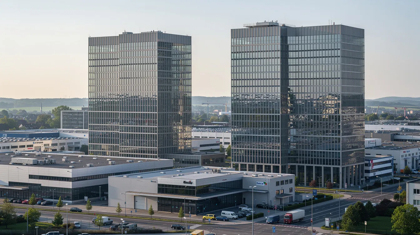 Die Aufnahme zeigt moderne Bürotürme in einem Gewerbegebiet bei München, die aus der Ferne fotografiert wurden. Die Architektur der Gebäude ist zeitgemäß und spiegelt die Dynamik der Geschäftswelt wider, die auch im Kontext von Unternehmen wie Wirecard und dem Leben von Jan Marsalek relevant ist.