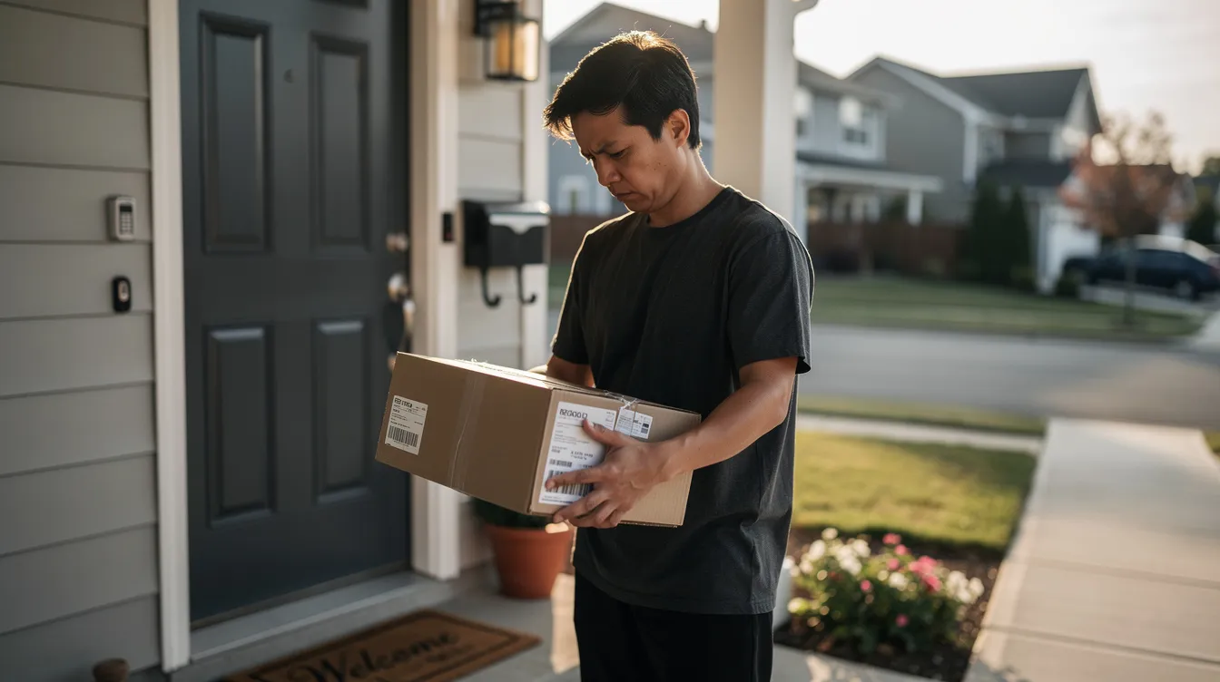 Eine Person steht an der Haustür und betrachtet ein Paket mit einem kritischen Blick, als ob sie die Qualität und Sicherheit der Ware prüfen möchte. Dies könnte ein Hinweis darauf sein, dass sie Erfahrungen mit Online-Shopping hat und sicherstellen will, dass der Verkäufer vertrauenswürdig ist, ähnlich wie bei Käufen auf Plattformen wie Etsy.