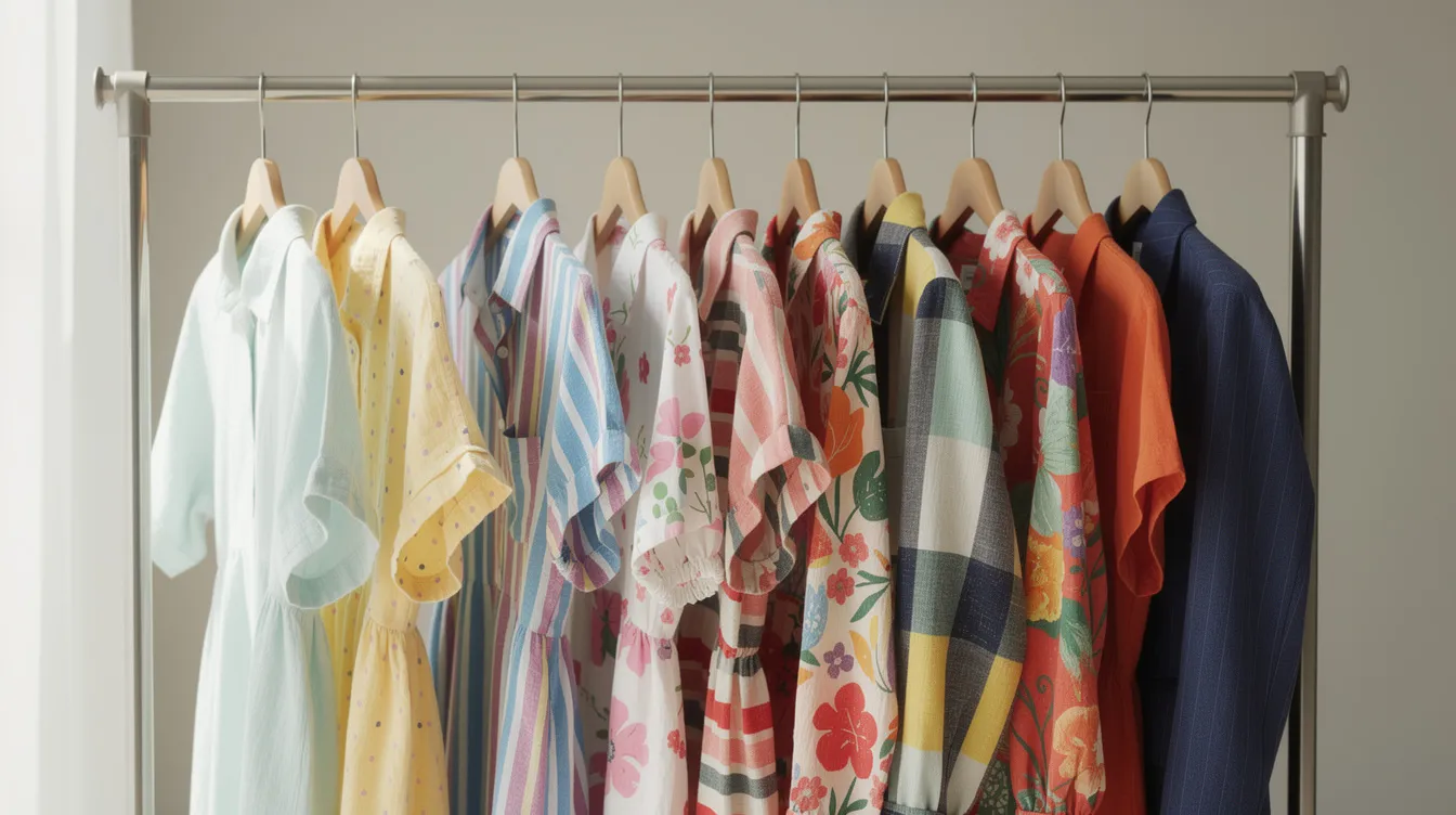 Auf der Kleiderstange hängen bunte Kleidungsstücke in verschiedenen Farben und Mustern, die einen lebendigen Eindruck vermitteln. Diese modischen Teile könnten in einem Online-Shop wie Cider angeboten werden, wo Kunden eine große Auswahl an trendiger Kleidung finden können.