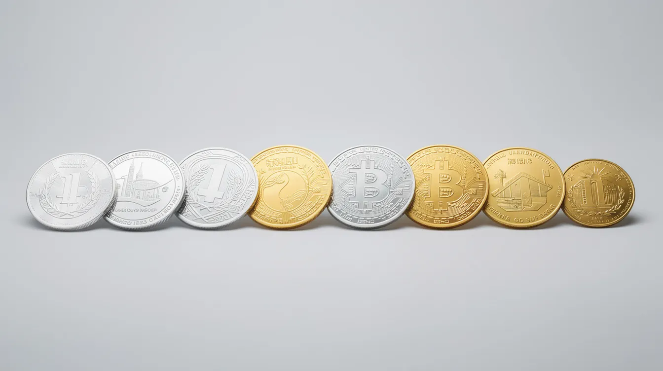 Auf dem Bild sind verschiedene Silber- und Goldmünzen nebeneinander auf einem hellen Hintergrund angeordnet. Die Münzen repräsentieren Edelmetalle und zeigen die Vielfalt der Produkte, die von Kettner Edelmetalle angeboten werden.