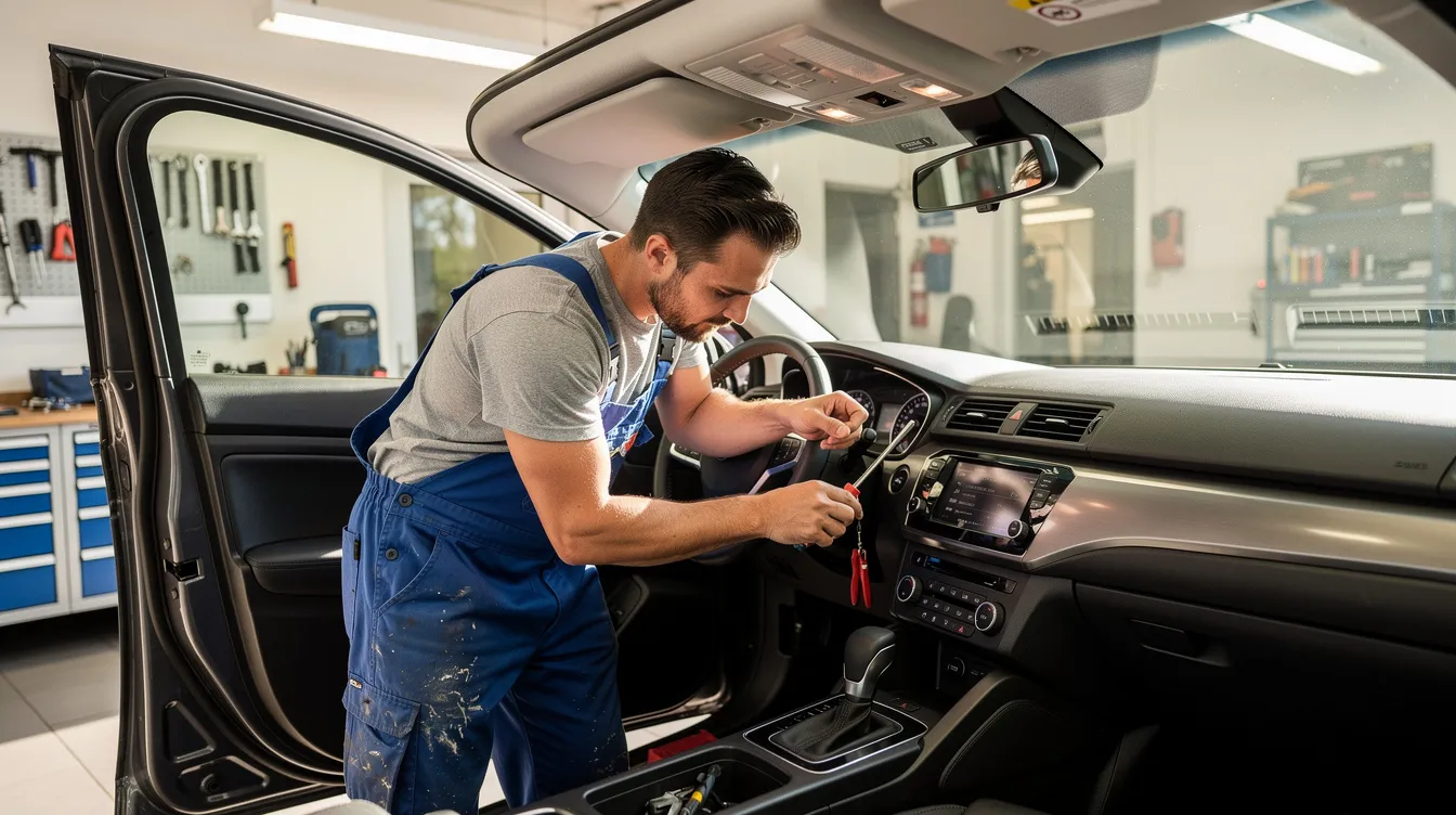 Ein Mechaniker in Arbeitskleidung arbeitet konzentriert am Innenraum eines Fahrzeugs in einer hellen Werkstatt. Dabei überprüft er möglicherweise sicherheitsrelevante Komponenten wie die Airbags, die im Rahmen der Takata Rückrufaktion betroffen sein könnten.