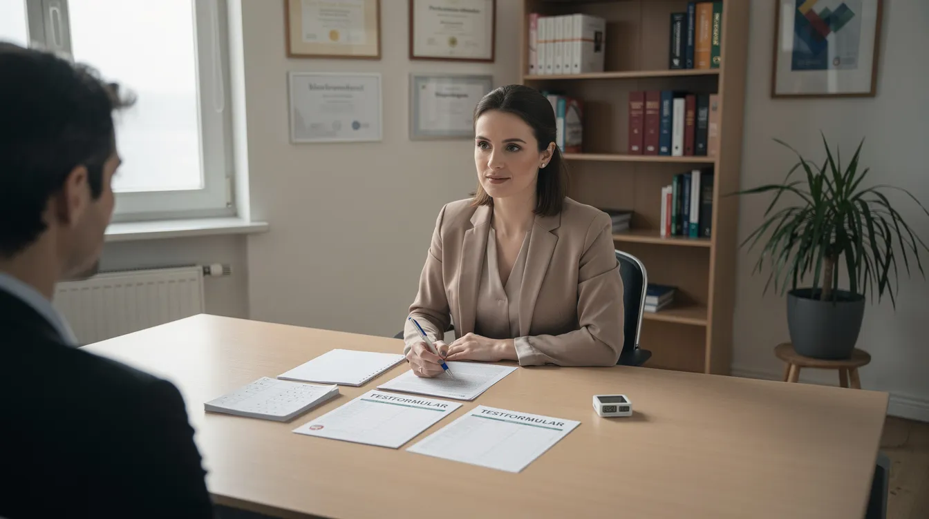 Eine Psychologin führt in einem ruhigen Büro einen standardisierten IQ-Test durch, während der Proband konzentriert an einem Tisch sitzt und Fragen beantwortet. Die Atmosphäre ist professionell und fördert die Intelligenz und Logik des Teilnehmers.