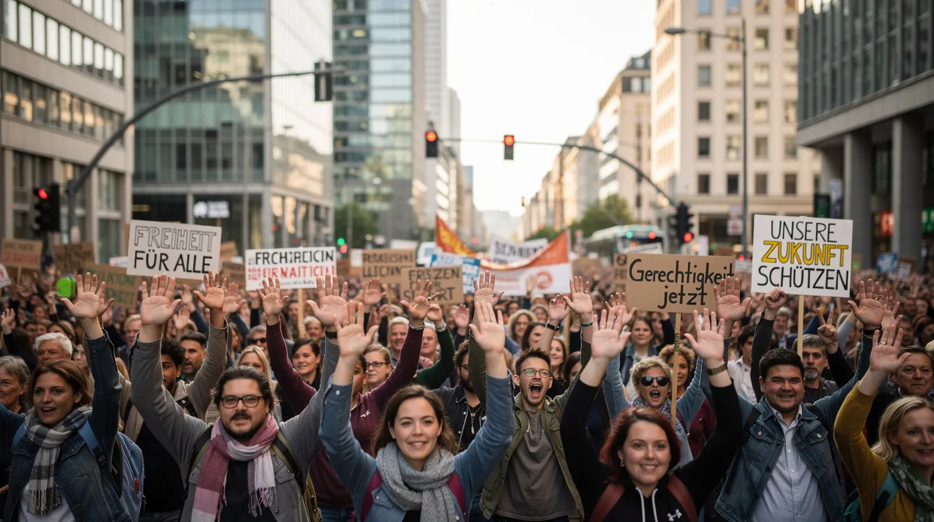Eine große Menschenmenge versammelt sich auf einer Demonstration in einer Großstadt, viele Teilnehmer haben ihre Hände erhoben und halten Plakate hoch, die auf die Themen der MeToo-Bewegung und Machtmissbrauch aufmerksam machen. Die Atmosphäre ist geprägt von Entschlossenheit und Solidarität, während die Menschen für die Rechte der Opfer von Belästigung und Gewalt eintreten.