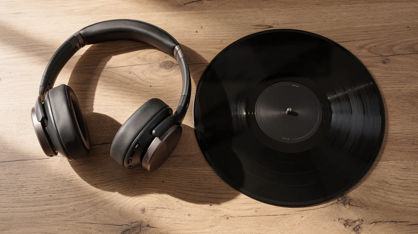 Auf einem Holztisch liegen Kopfhörer neben einer Vinyl-Schallplatte. Diese Szene könnte an die Musik von Michael Jackson erinnern, dem King of Pop, dessen Karriere und das Thema der Missbrauchsvorwürfe immer wieder in der Diskussion stehen.