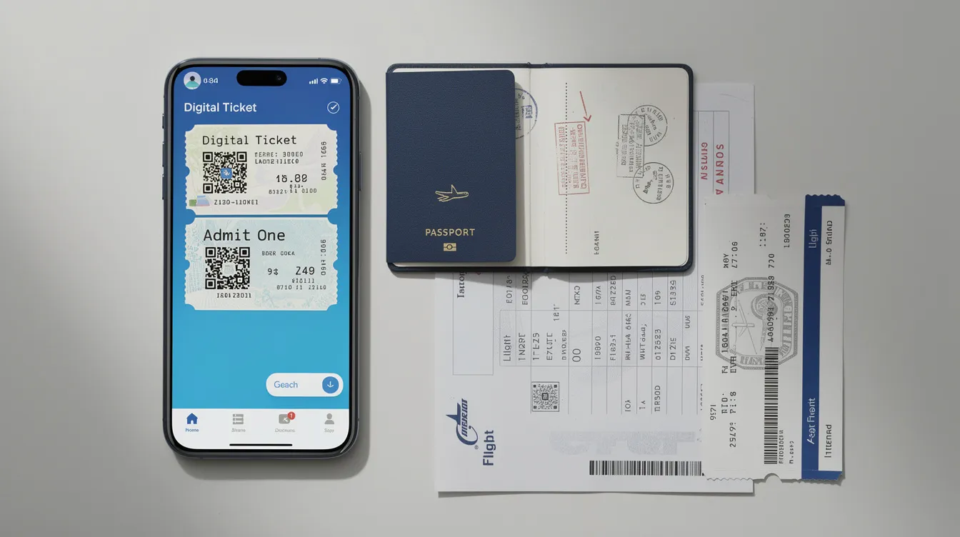 Ein Smartphone zeigt digitale Eintrittskarten auf dem Bildschirm, daneben liegen ein Reisepass und verschiedene Reisedokumente. Diese Darstellung verdeutlicht die Bedeutung von Tickets für Veranstaltungen und Reisen, während die Benutzerfreundlichkeit von Plattformen wie hellotickets hervorgehoben wird.