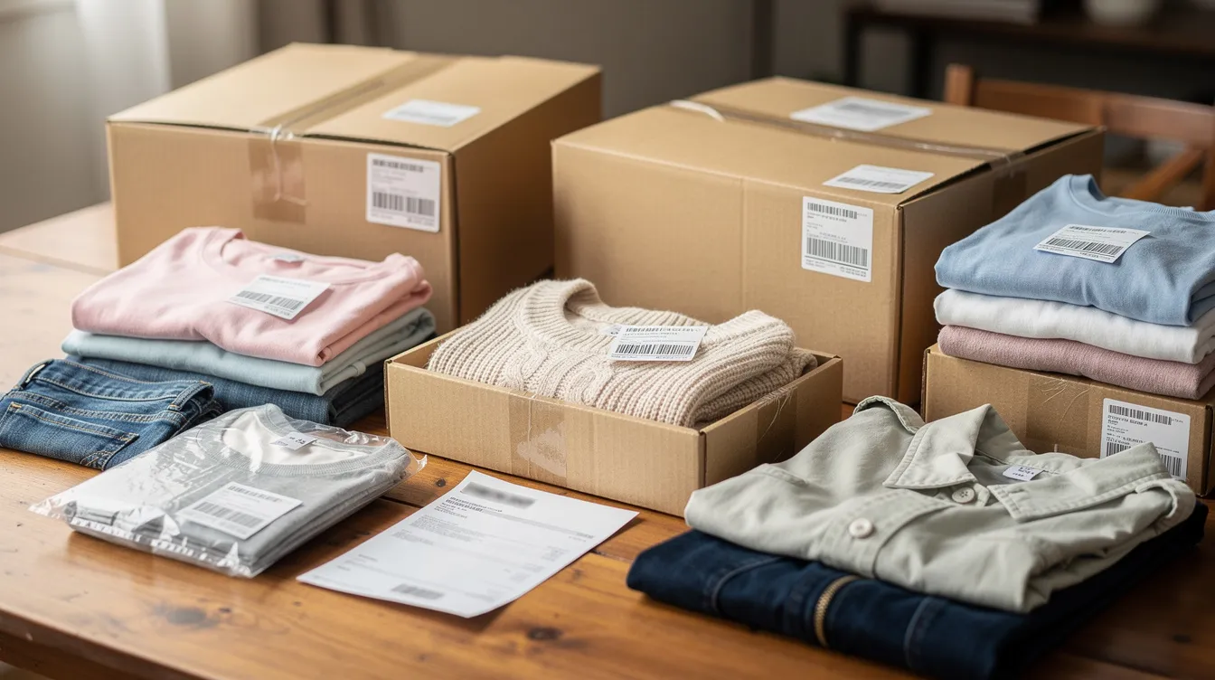 Das Bild zeigt einen Tisch, auf dem mehrere Pakete und Kleidungsstücke liegen, die typisch für Online-Bestellungen sind. Die Szene vermittelt den Eindruck des Online-Shoppings, das häufig über Plattformen wie Shein erfolgt, wobei verschiedene Artikel und Klamotten sorgfältig ausgepackt wurden.