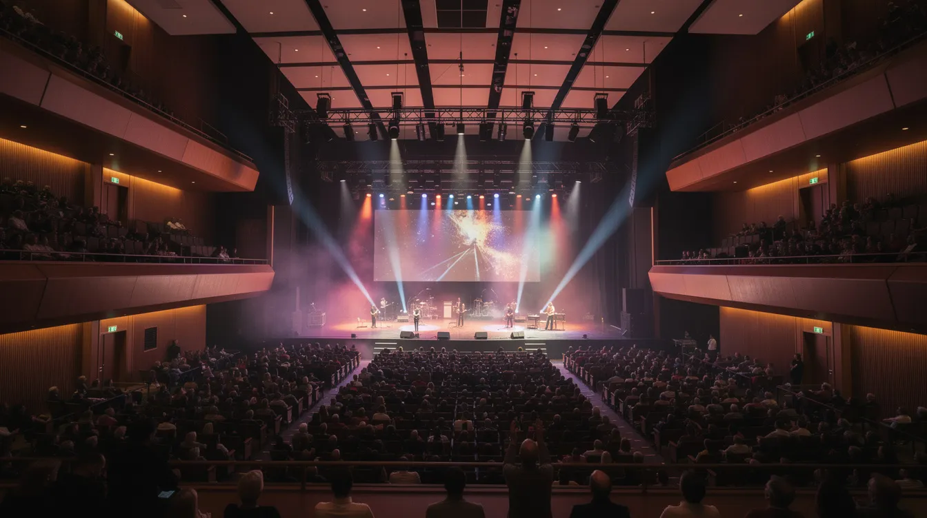 Die große Konzerthalle ist voll mit Zuschauern, die gespannt auf den Auftritt eines Comedians warten. Die Bühnenbeleuchtung sorgt für eine festliche Atmosphäre, während das Thema des Abends möglicherweise mit den aktuellen Vorwürfen rund um Luke Mockridge in Zusammenhang steht.