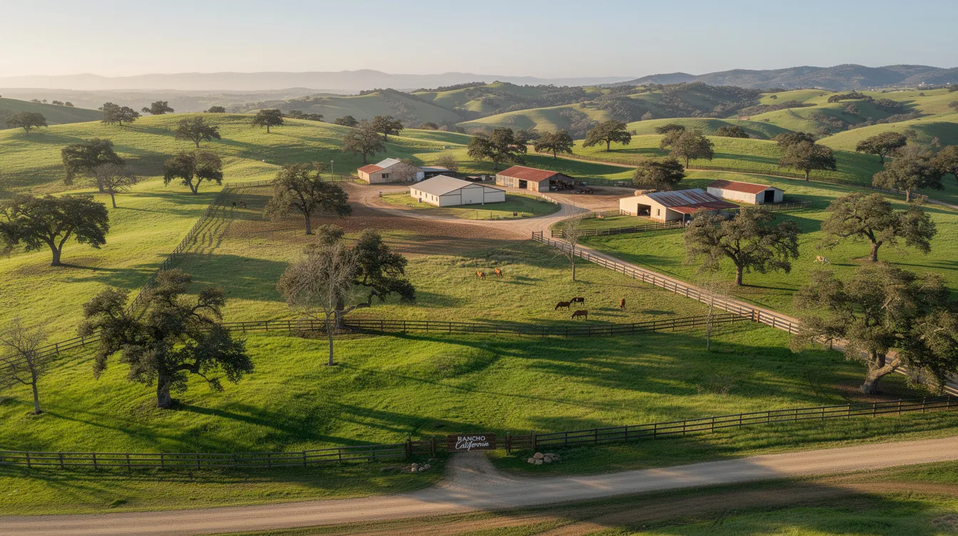 Die Luftaufnahme zeigt eine weitläufige Ranch-Landschaft in den kalifornischen Hügeln, geprägt von grünen Wiesen und vereinzelten Bäumen, die eine friedliche und idyllische Atmosphäre vermittelt. Inmitten dieser Natur könnte man sich fragen, wie die Kindheit eines Superstars wie Michael Jackson in solch einer Umgebung ausgesehen haben könnte, während die Diskussionen um seine Vorwürfe weiterhin die Welt beschäftigen.
