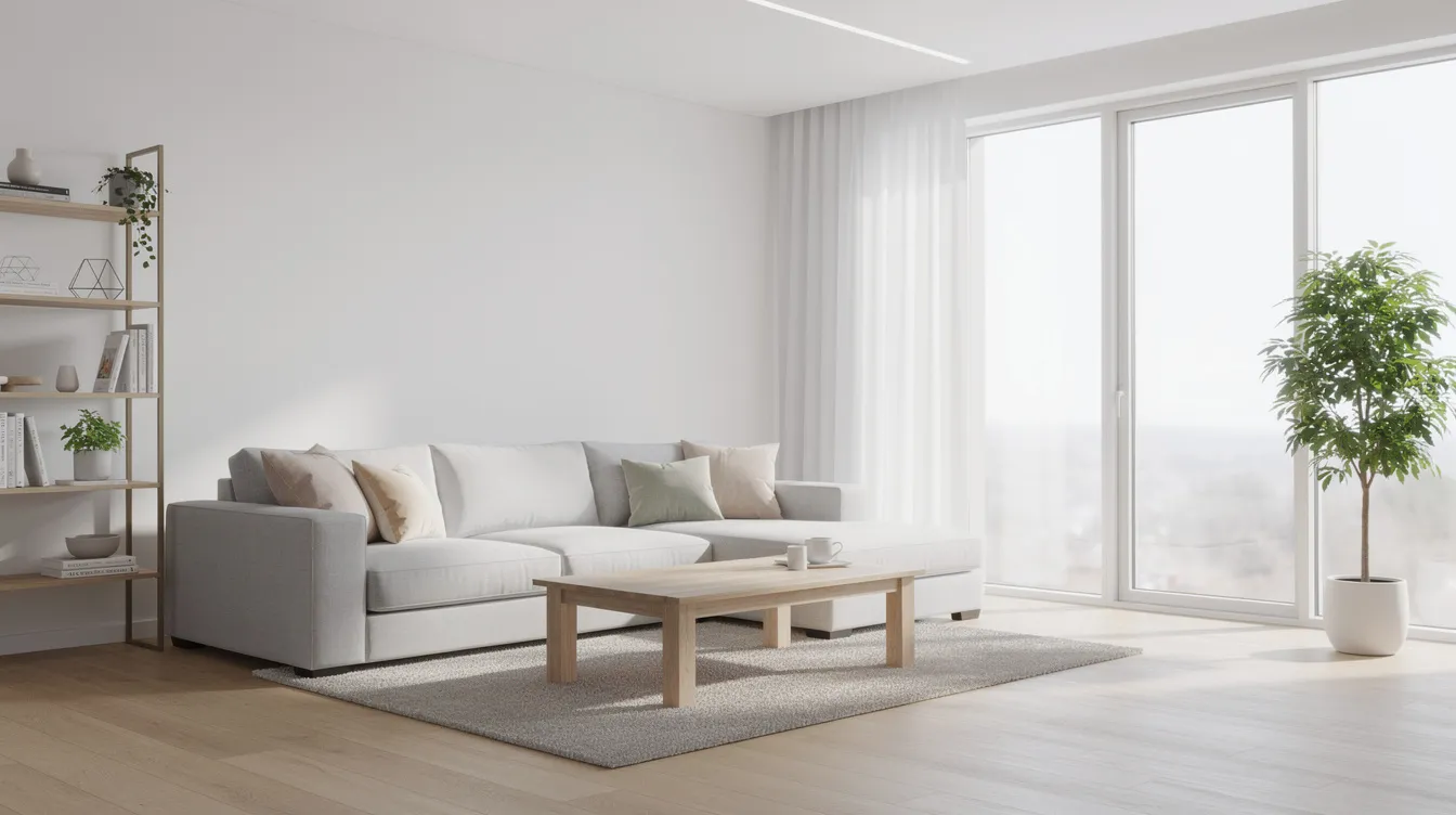 Das Bild zeigt ein helles Wohnzimmer mit einem großen, bequemen Sofa, einem modernen Couchtisch und einem stilvollen Regal. Diese gemütliche Einrichtung bietet eine einladende Atmosphäre, die ideal für entspannte Momente oder den Einkauf von Möbeln im Onlineshop ist, wo man auch flexible Zahlungsmöglichkeiten wie Ratenkauf nutzen kann.
