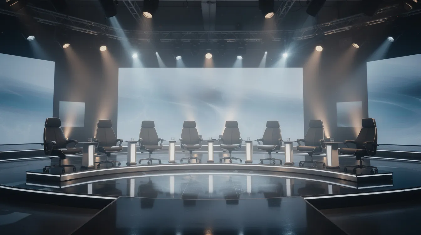 Das Bild zeigt ein leeres Fernsehstudio mit leeren Jurystühlen, die auf die Bühne ausgerichtet sind. Die Bühnenbeleuchtung ist eingeschaltet, was eine Atmosphäre der Erwartung schafft, möglicherweise im Zusammenhang mit einer Sendung wie "Deutschland sucht den Superstar", die oft mit Kontroversen und Skandalen, wie den Vorwürfen gegen den Sänger Xavier Naidoo, verbunden ist.
