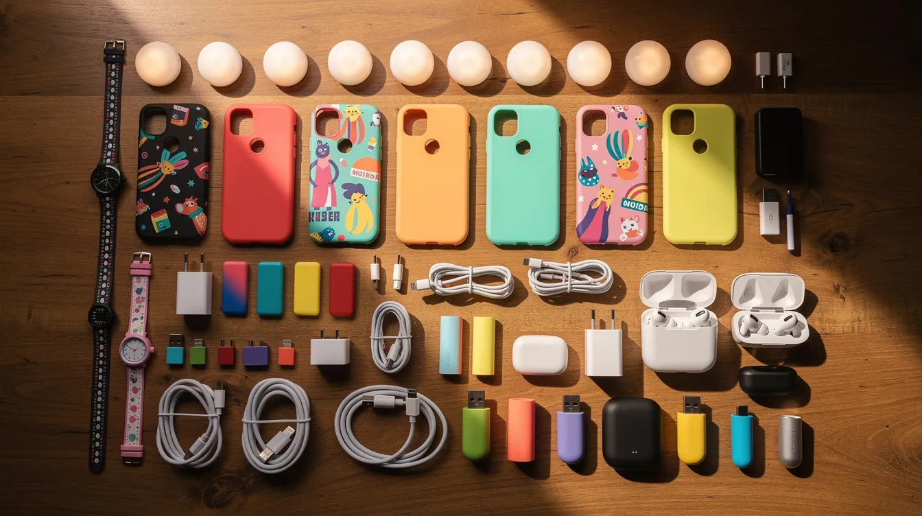 Auf einem Holztisch liegt eine bunte Sammlung kleiner Gadgets, darunter Handyhüllen, LED-Lichter und Kabel, die eine Vielzahl von Produkten darstellen, die man auf Online-Handelsplattformen wie Aliexpress finden kann. Diese Artikel zeigen die Vielfalt und die vielen Möglichkeiten, die Kunden beim Online-Shopping erwarten können.