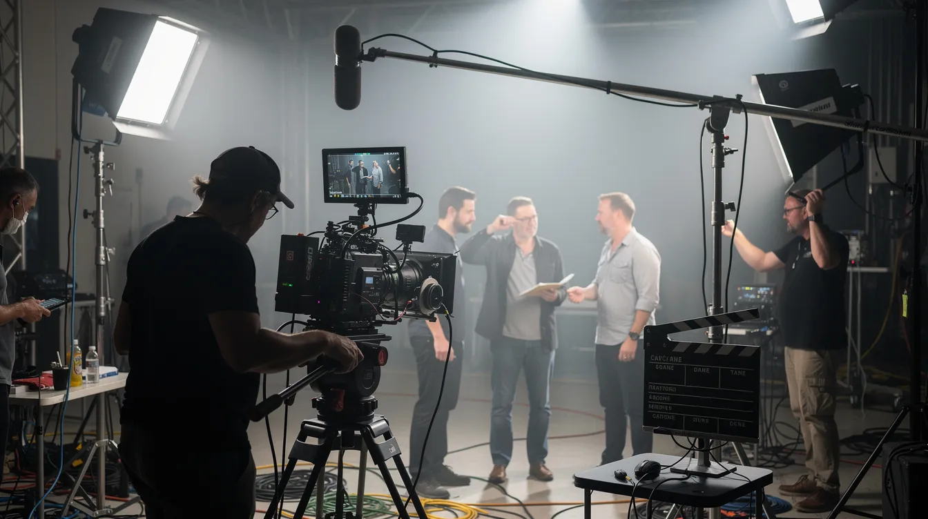Auf dem Filmset sind Kameraequipment und das Regieteam sichtbar, die unter hellen Studioleuchten intensiv an einem Projekt arbeiten. Die Atmosphäre ist geprägt von Kreativität und dem Streben nach Qualität, während das Team sich mit Themen wie Machtmissbrauch und der #MeToo-Bewegung auseinandersetzt.