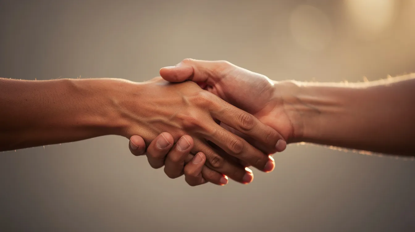 Zwei Hände, die sich in warmem Licht unterstützend greifen, symbolisieren Solidarität und Zusammenhalt in der Debatte um die #metoo Bewegung. Dieses Bild vermittelt das Gefühl von Unterstützung und Gemeinschaft im Kampf gegen Machtmissbrauch und Belästigung.