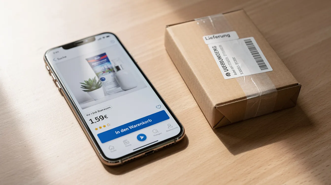 Ein Smartphone liegt auf einem Tisch und zeigt eine geöffnete Shopping-App, während daneben ein kleines Paket platziert ist, das auf den Online-Handel und die Nutzung von Plattformen wie Aliexpress hinweist. Diese Szene vermittelt den Eindruck eines modernen Einkaufserlebnisses, das durch die digitale Welt des E-Commerce unterstützt wird.