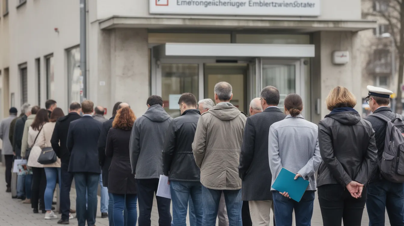 Eine Gruppe von Menschen steht in einer langen Schlange vor einem Arbeitsamt, fotografiert von hinten. Die Szene spiegelt die Auswirkungen der Finanzkrise wider, die viele in die Arbeitslosigkeit geführt hat, und zeigt die Herausforderungen, mit denen die Wirtschaft und der Finanzsektor konfrontiert sind.