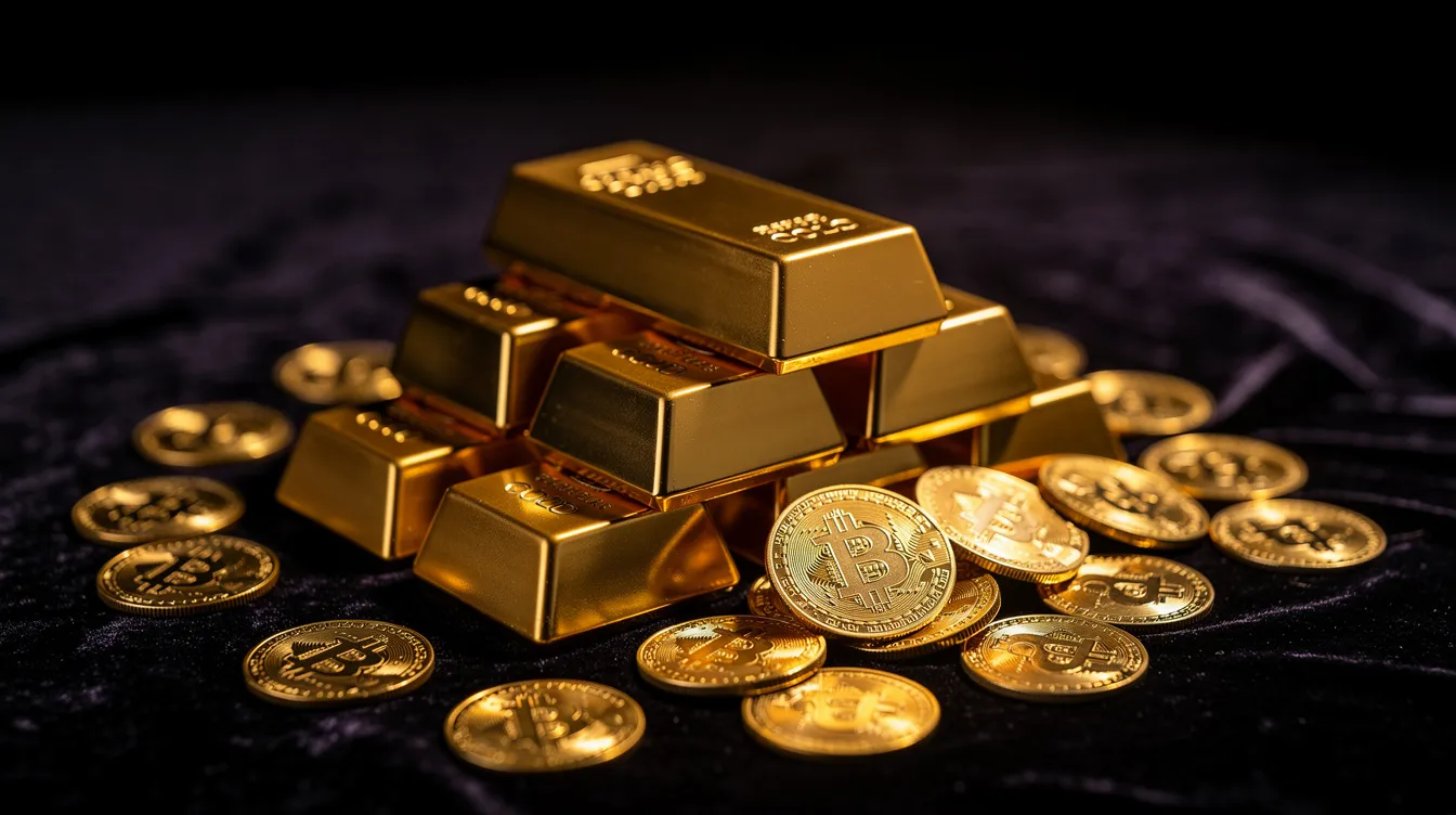 Auf einer dunklen Samtunterlage liegen glänzende Goldbarren und Goldmünzen, die professionell ausgeleuchtet sind. Diese edlen Metalle strahlen in ihrer Qualität und laden dazu ein, mehr über die Produkte von Kettner Edelmetalle zu erfahren.