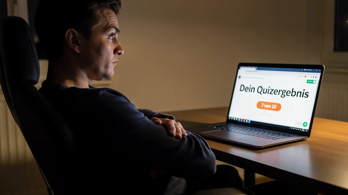 Eine Person sitzt skeptisch vor einem Laptop und betrachtet ein Quizergebnis auf dem Bildschirm, während sie über die möglichen Folgen eines Online IQ Tests nachdenkt. Der Gesichtsausdruck deutet auf Vorsicht hin, möglicherweise in Bezug auf die Informationen und Kosten, die mit dem Test verbunden sind.
