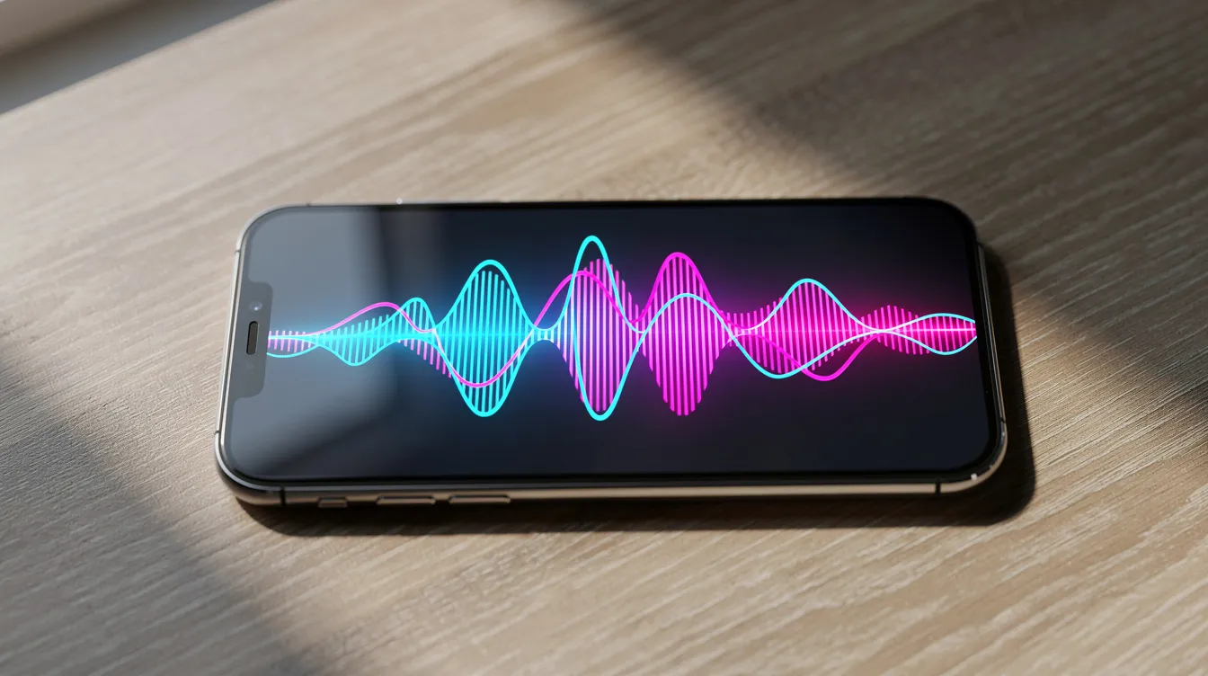 Auf dem Tisch liegt ein Smartphone, dessen Bildschirm eine Darstellung von Schallwellen zeigt. Diese visuelle Interpretation könnte mit dem Thema "Tourette Syndrom" und den Herausforderungen im Alltag, wie sie von Youtubern wie Jan Zimmermann und Tim Lehmann thematisiert werden, in Verbindung stehen.