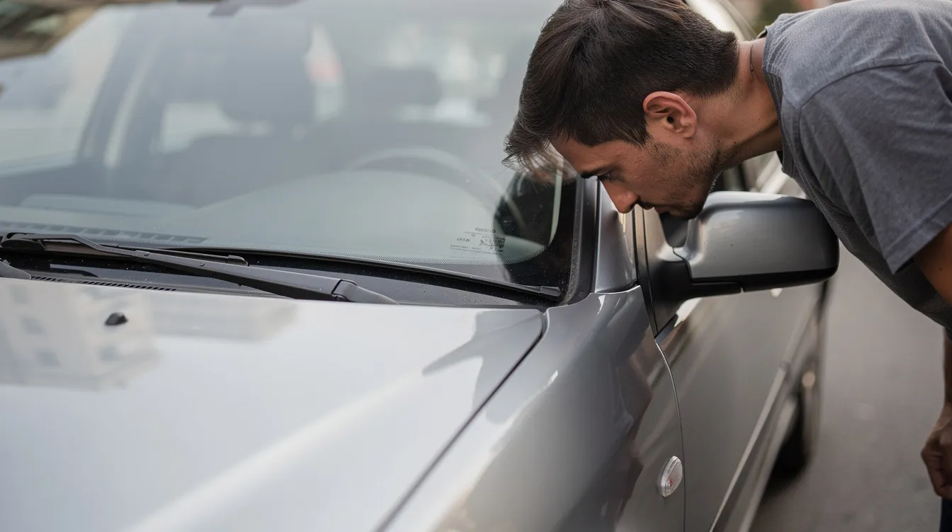 Eine Person beugt sich an der Beifahrerseite eines Fahrzeugs und inspiziert den unteren Bereich der Windschutzscheibe, möglicherweise um Informationen zur Fahrzeugidentifikationsnummer zu überprüfen, die für Rückrufaktionen, wie den Takata Airbag Rückruf, wichtig sind. Diese Überprüfung kann entscheidend sein, um Sicherheitsrisiken im Zusammenhang mit Airbags zu vermeiden.