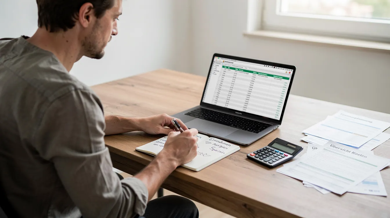 Eine Person sitzt an einem Schreibtisch und arbeitet mit einem Laptop sowie einem Notizblock an der Finanzplanung, während sie ihre Umsätze und Kontostände überprüft. Auf dem Tisch liegen auch Unterlagen, die sich mit Themen wie Online Banking und Daueraufträgen beschäftigen.