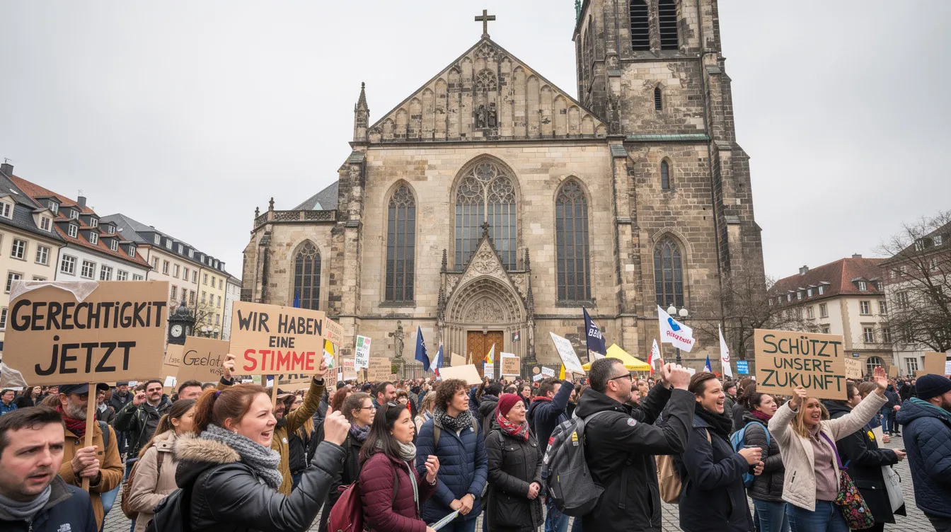 Eine Menschenmenge steht vor einem historischen Kirchengebäude, während sie Protestschilder hochhält, die sich gegen den Protz-Bischof Peter Tebartz van Elst und die Skandale rund um das Bistum Limburg richten. Die Atmosphäre ist angespannt, da die Demonstranten für Transparenz und Rechenschaft in der katholischen Kirche eintreten.