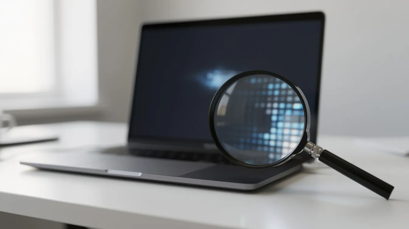Die Nahaufnahme zeigt einen geöffneten Laptop auf einem Schreibtisch, neben dem eine Lupe platziert ist, die auf den Bildschirm gerichtet ist. Diese Szene könnte in einem Kontext stehen, in dem Informationen über Produkte oder Dienstleistungen, wie auf bella me.de, untersucht werden.