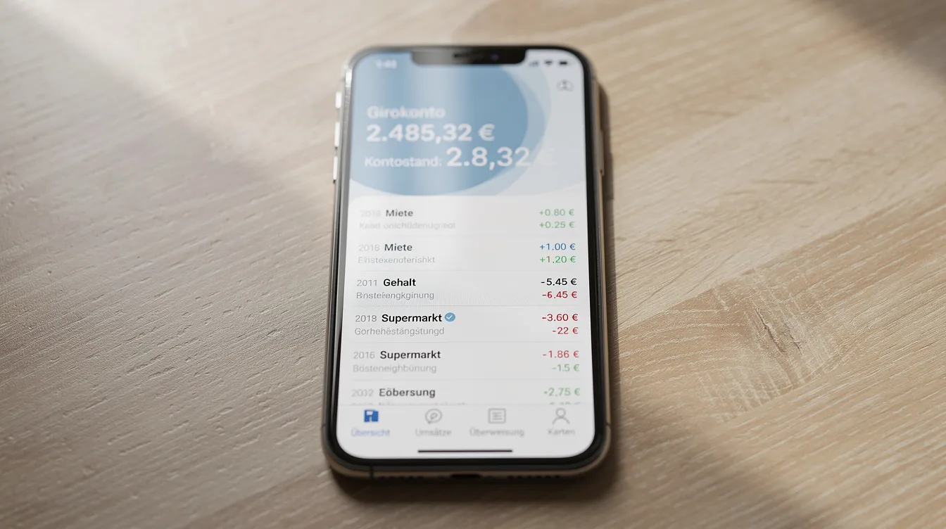 Ein Smartphone liegt auf einem Tisch und zeigt eine Banking-App mit einer Kontoübersicht, die Informationen zu Kontostand, Buchungen und Zahlungseingängen enthält. Die App ermöglicht es dem Nutzer, seine Finanzen bequem zu verwalten und gibt einen Überblick über die disponierten Umsätze und Ausgaben.