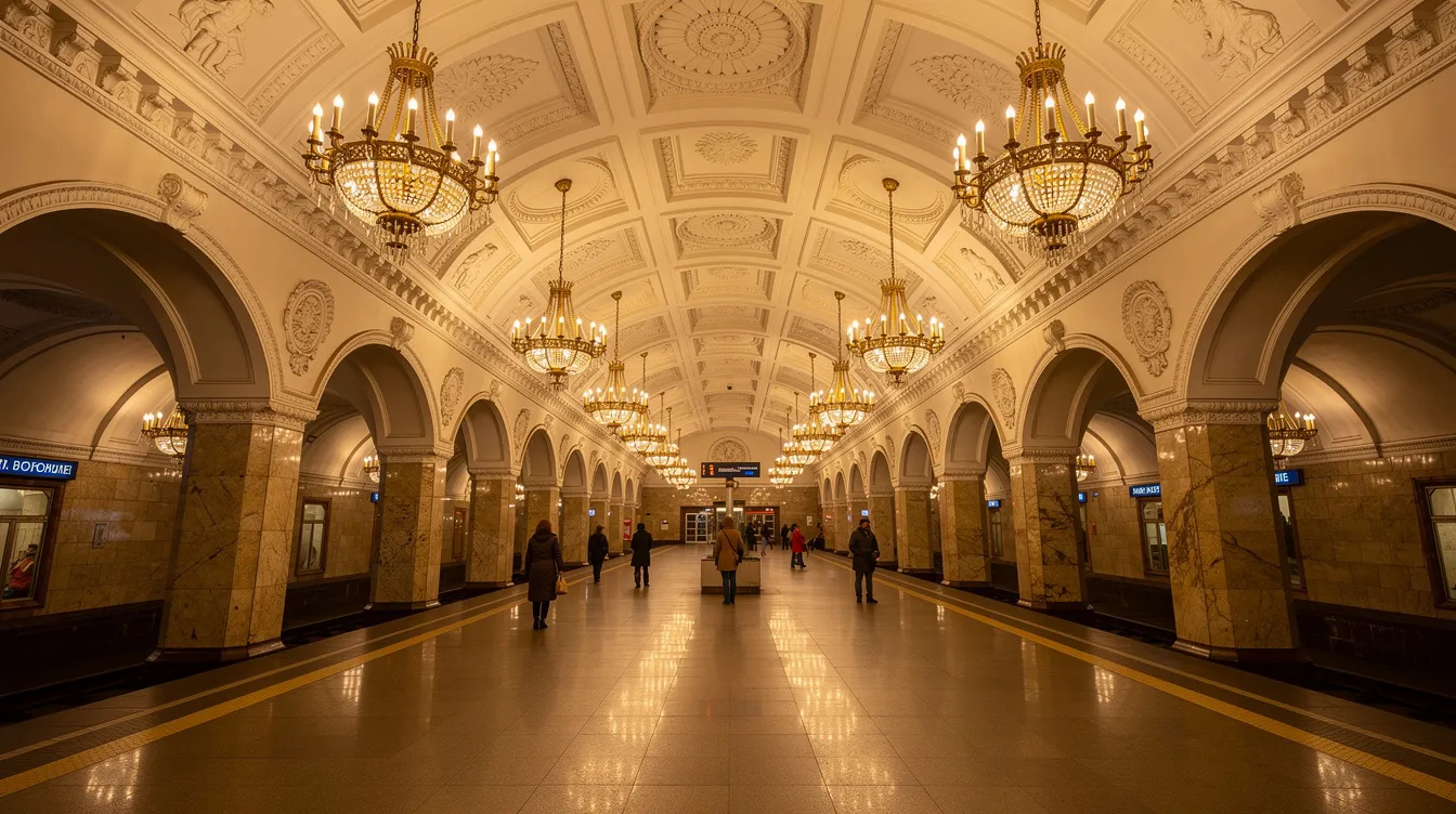 Die Innenansicht einer Moskauer Metrostation zeigt eine hohe Decke, die mit eleganten Kronleuchtern geschmückt ist, und vermittelt ein Gefühl von Weite und Pracht. Diese Station könnte ein beliebter Ort für Journalisten und Rechercheteams sein, die Informationen über das Leben von Jan Marsalek und seine Verbindungen zum russischen Geheimdienst suchen.