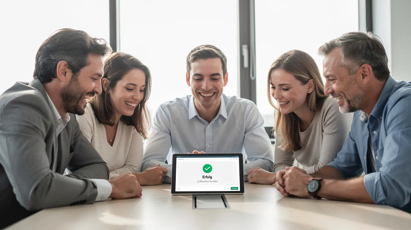 Das Bild zeigt eine Gruppe zufriedener Menschen, die gemeinsam auf ein Tablet schauen und dabei lächeln. Sie scheinen Informationen zu teilen, möglicherweise über Angebote und Dienstleistungen von checkfox.de, während sie ihre Entscheidungen in Bezug auf Finanzen und Anbieter besprechen.
