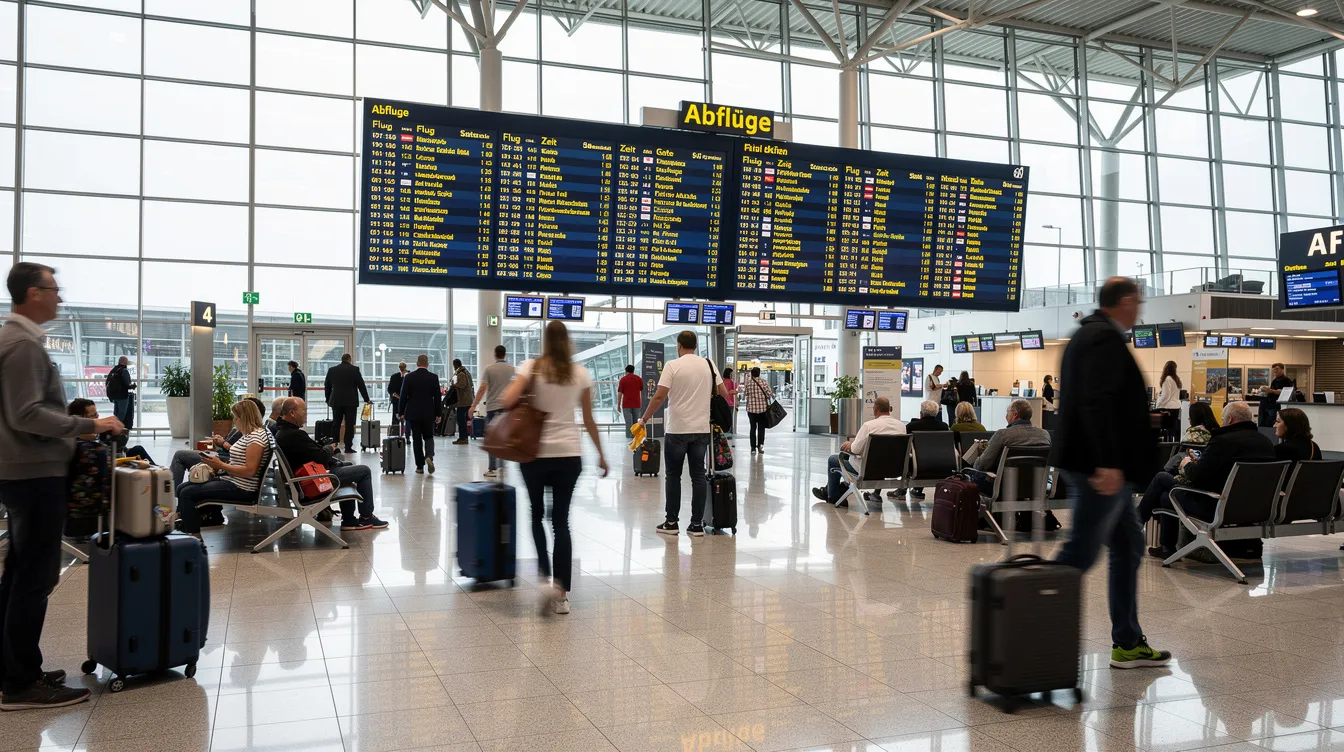 Das Bild zeigt ein geschäftiges Flughafenterminal, in dem Reisende mit Rollkoffern unterwegs sind, während im Hintergrund die Abflugtafeln die aktuellen Fluginformationen anzeigen. Diese Szene erinnert an die turbulente Geschichte der Fluggesellschaft Air Berlin, die 2017 Insolvenz anmeldete und Millionen Euro an Schulden hinterließ.