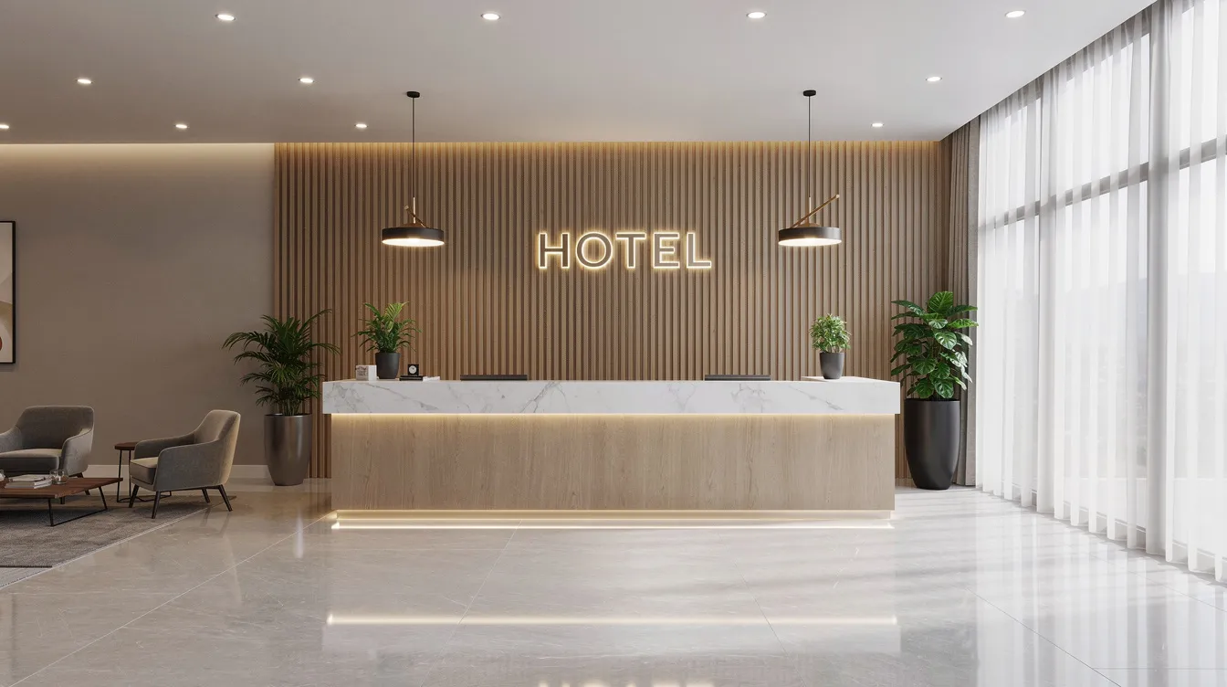 Die Hotelrezeption zeigt einen modernen Empfangstresen in einer elegant beleuchteten Lobby, die einladend wirkt. Im Hintergrund sind stilvolle Möbel und dekorative Elemente zu sehen, die eine angenehme Atmosphäre schaffen, während Hotelmitarbeiter freundlich die Gäste empfangen.