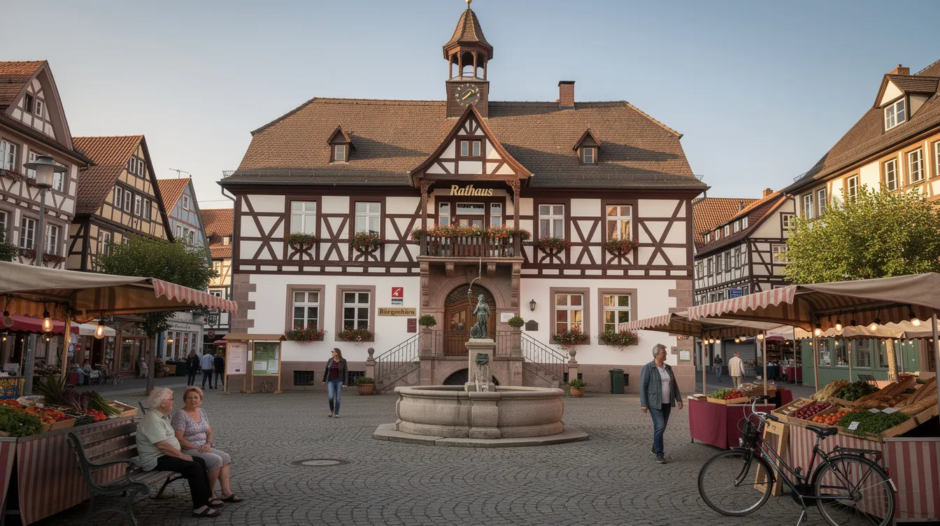 Das Bild zeigt ein traditionelles deutsches Rathaus mit Fachwerkarchitektur, umgeben von einem lebhaften Marktplatz, der symbolisch für die kommunale Verwaltung steht. Die Szenerie vermittelt ein Gefühl von Geschichte und Gemeinschaft, während im Hintergrund die Herausforderungen der Finanzwelt, wie die Insolvenz der Greensill Bank, an Bedeutung gewinnen.