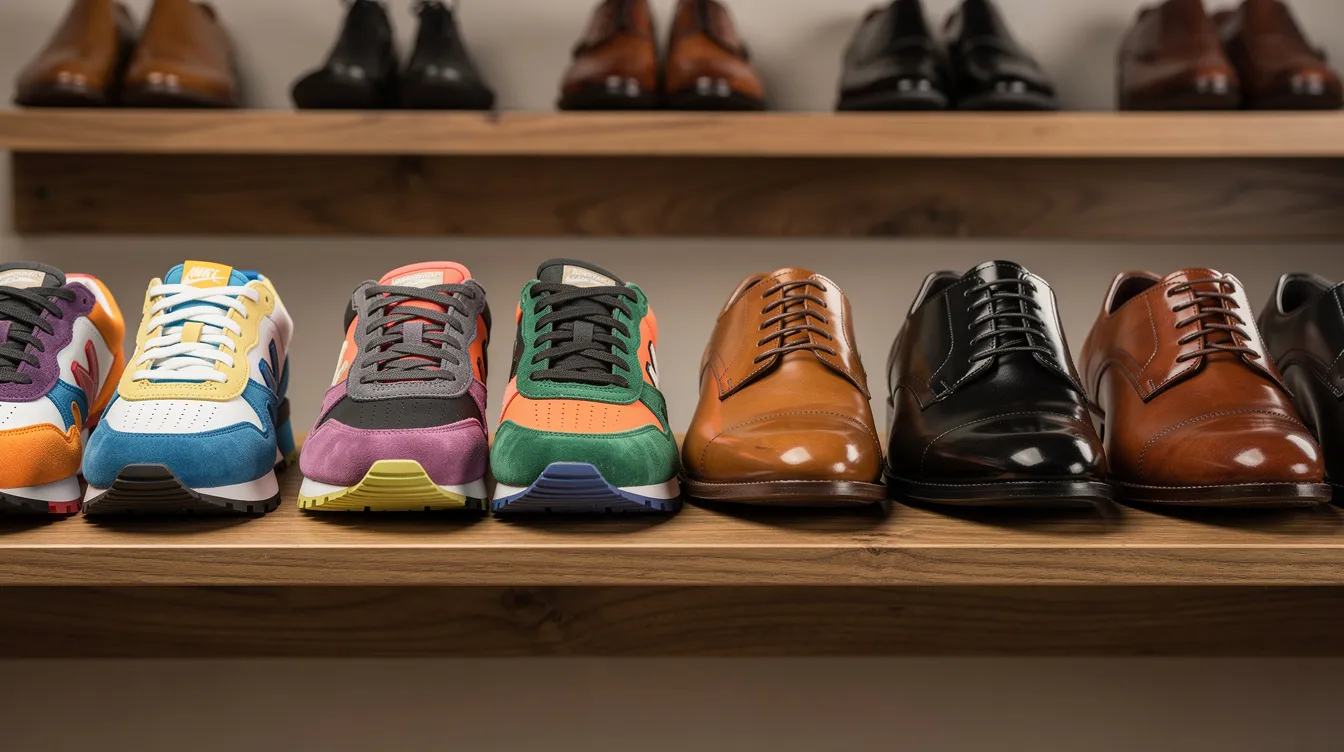 Auf dem Holzregal sind verschiedene bunte Sneaker und elegante Lederschuhe ordentlich aufgereiht, die eine große Auswahl an Marken und Stilen zeigen. Diese Schuhe bieten sowohl für Herren als auch für Damen eine hohe Qualität und sind ideal für Verbraucher, die nach den neuesten Trends suchen.