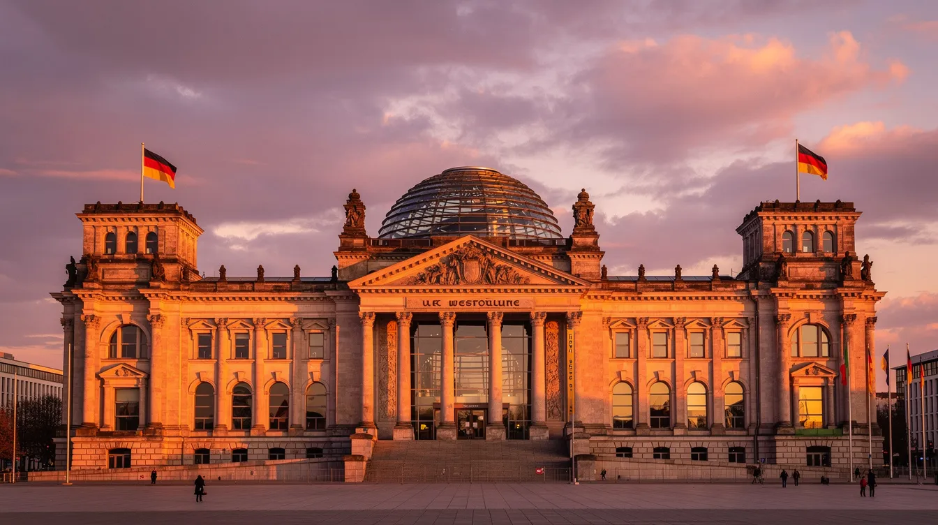Der Reichstag in Berlin wird von einem warmen, goldenen Licht bei Sonnenuntergang beleuchtet, während der Himmel in sanften Orange- und Rottönen erstrahlt. Diese beeindruckende Kulisse steht im Kontrast zu den aktuellen Kontroversen und Skandalen, die mit öffentlichen Figuren wie dem Sänger Xavier Naidoo verbunden sind.