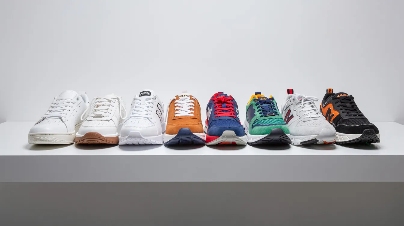 Das Bild zeigt eine Reihe von verschiedenen Sneaker-Paaren auf einem weißen Display-Regal, die in unterschiedlichen Farben und Designs präsentiert werden. Diese Sneakers sind Teil der Zusammenarbeit zwischen dem Sportartikelhersteller Adidas und dem Skandalrapper Kanye West, der immer wieder in den Schlagzeilen steht.