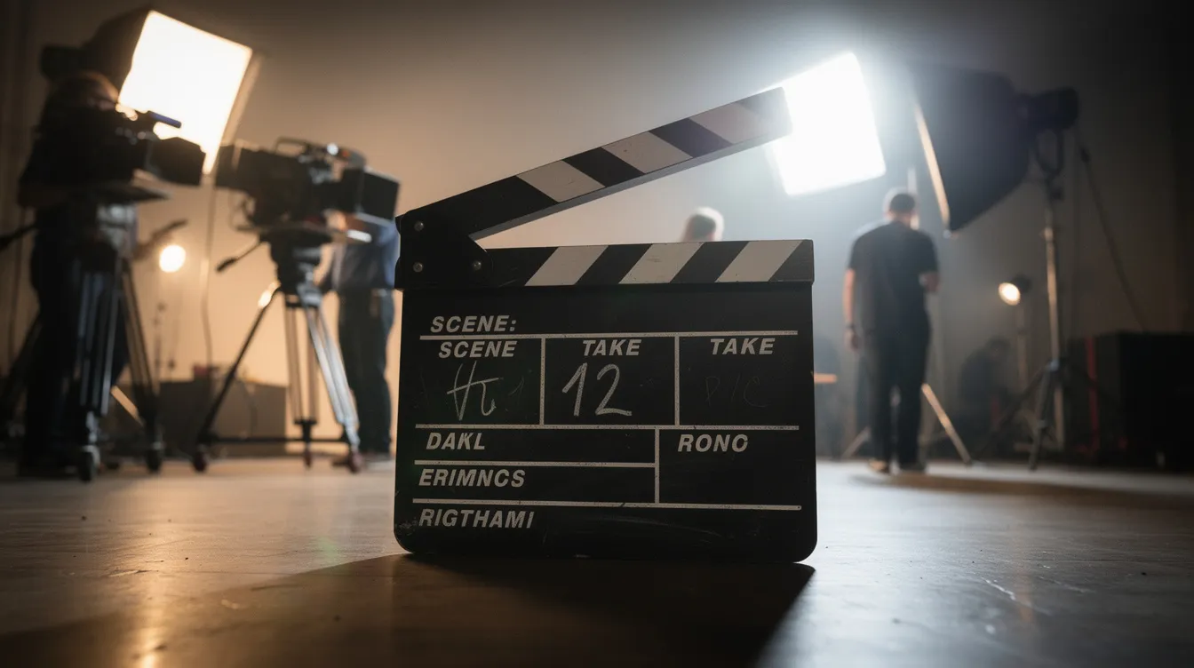 Eine Filmklappe steht auf einem beleuchteten Filmset, während der Hintergrund unscharf bleibt. Diese Szene könnte den kreativen Prozess hinter einem Film illustrieren, ähnlich den Diskussionen über Michael Jacksons Karriere und die damit verbundenen Vorwürfe.