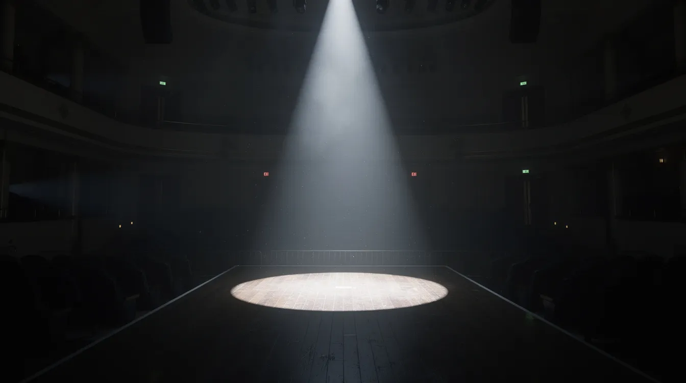 Die leere Bühne in einer dunklen Konzerthalle wird von einem einzelnen Scheinwerfer beleuchtet, der die Einsamkeit des Moments verstärkt. Diese Szenerie könnte den Beginn eines Auftritts eines Comedians wie Luke Mockridge symbolisieren, der in der Vergangenheit mit Skandalen und Vorwürfen konfrontiert wurde.