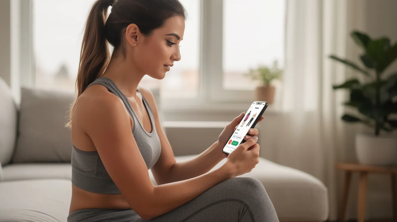 Eine junge Frau in sportlicher Kleidung scrollt auf ihrem Smartphone durch einen Online-Shop, während sie nach neuen Kleidungsstücken wie Leggings und Hosen sucht. Sie scheint interessiert an den Bewertungen und Erfahrungen anderer Kunden zu sein, um die Qualität der Produkte zu überprüfen.