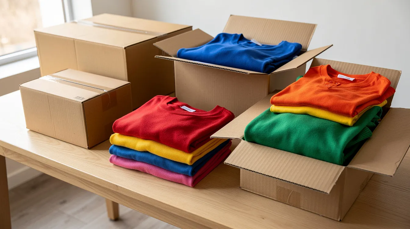 Auf einem Tisch liegen mehrere Pakete mit Kleidung, darunter Hosen und Leggings, die teilweise geöffnet sind, sodass bunte Stoffe sichtbar werden. Diese Szene könnte für einen Online-Shop von Halara werben und zeigt die Vielfalt der Produkte, die Kunden erwarten können.