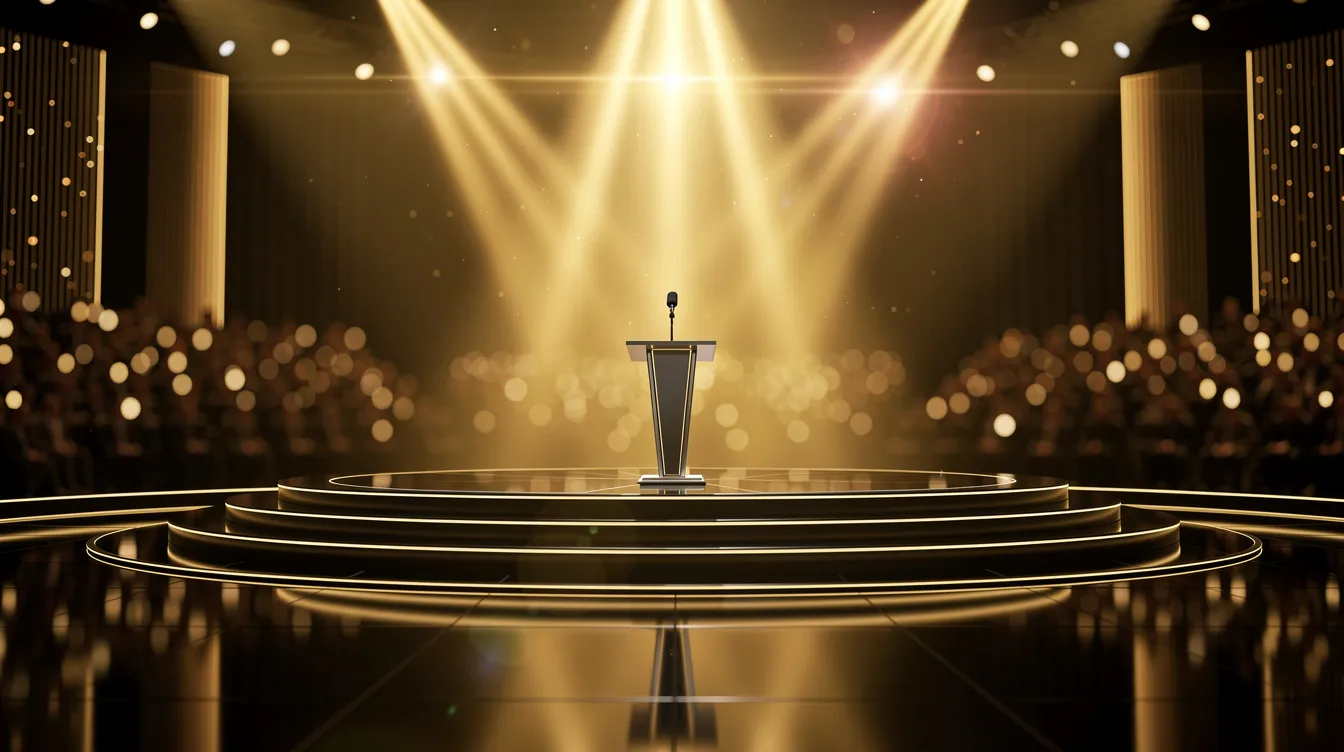 Das Bild zeigt eine glänzende Preisverleihungsbühne, die in goldenem Licht erstrahlt. Ein Mikrofon steht am Podium, das auf eine festliche Atmosphäre hinweist, die oft mit den Auftritten von Künstlern wie dem Skandalrapper Kanye West verbunden ist.