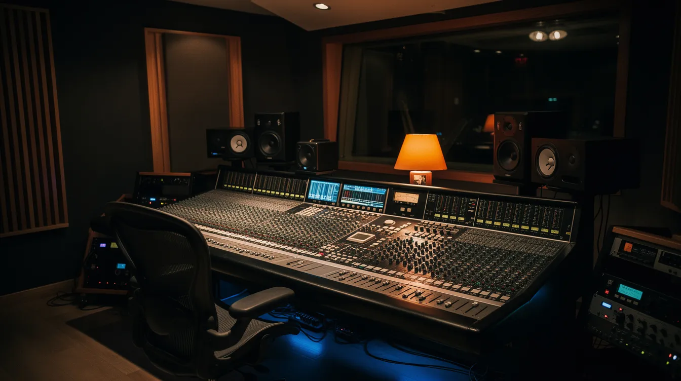 Das Bild zeigt ein professionelles Musikstudio mit einem großen Mischpult, umgeben von gedimmtem Licht, das eine kreative Atmosphäre schafft. Hier können Sänger und Musiker an neuen Songs arbeiten und ihre Projekte für die Veröffentlichung vorbereiten.