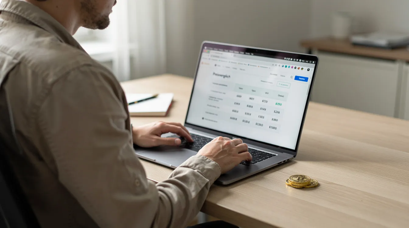 Eine Person sitzt an einem Schreibtisch und vergleicht auf ihrem Laptop Preise für Edelmetalle, während neben der Tastatur eine kleine Goldmünze liegt. Diese Szene vermittelt den Eindruck von Recherche und dem Interesse an hochwertigen Anlagen wie Gold und Silber.