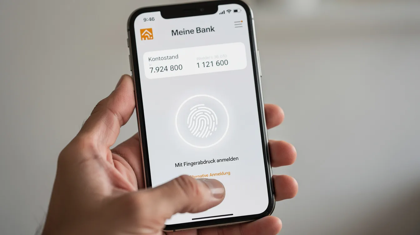 Das Bild zeigt ein Smartphone, auf dem eine Banking-App geöffnet ist, die die Fingerabdruck-Authentifizierung zur Sicherung von Kontodaten verwendet. Diese Funktion dient dazu, unbefugten Zugriff durch einen Fremden mit meiner IBAN zu verhindern und Betrug im Online-Banking zu vermeiden.