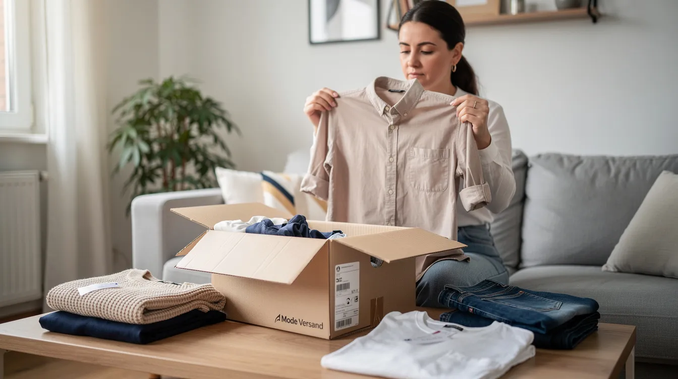 Eine Person steht an einem Tisch und packt Kleidungsstücke aus einem Paket aus, während sie die Artikel sorgfältig prüft. Die Szene zeigt die Vorfreude beim Online Shopping, insbesondere beim Auspacken von Bestellungen von einem Online-Shop wie Shein.