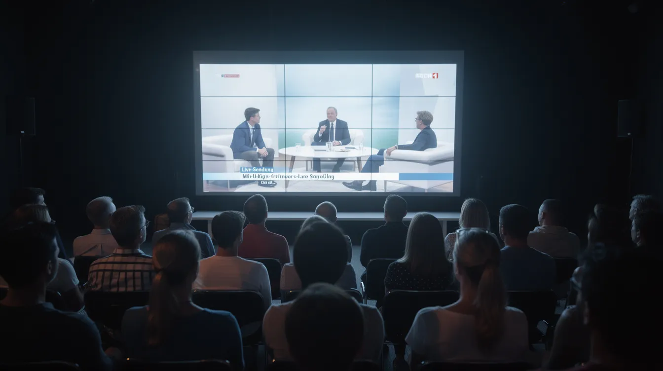 Das Bild zeigt ein aufmerksames Publikum vor einem großen Fernsehbildschirm, das gebannt eine Sendung verfolgt, möglicherweise im Zusammenhang mit dem Dschungelcamp oder dem aktuellen Skandal um Gil Ofarim. Die Zuschauer sind gespannt und diskutieren die neuesten Entwicklungen, während sie die Sendung genießen.