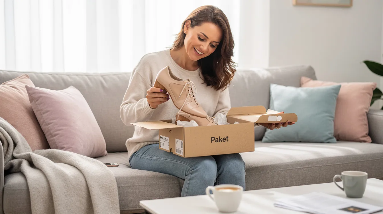 Eine Frau sitzt auf einem Sofa und lächelt glücklich, während sie ein geöffnetes Paket mit neuen Schuhen betrachtet. Die Freude über die schnelle Lieferung und die Qualität der Produkte ist offensichtlich, während sie die Auswahl der Schuhe bewundert.